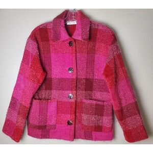 Avoca Ireland Womens Sweater Jacket Pink Red Plaid Size 8 Chenille Cotton Mohair